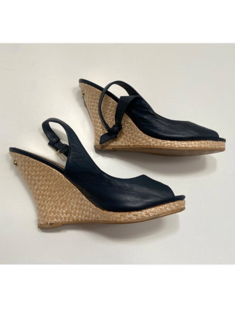 Lilly Pulitzer Navy Leather Logo Wedge Ankle Buckle Espadrilles Size 8M